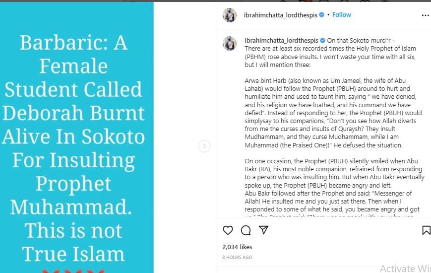 Nigerian Actor Reacts To Killing Of Deborah Samuel By Muslims At Sokoto School