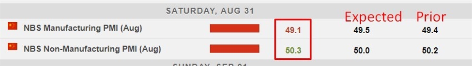 China August Manufacturing PMI 49.1 (anticipated 49.5), Companies 50.3 (anticipated 50.0)