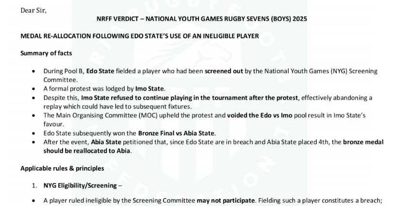 NYG 2025: Edo State Disqualified, Abia Upgraded to Bronze in Boys’ Rugby Sevens