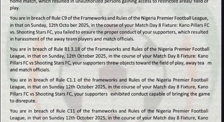 Pitch Invasion: NPFL Deducts 3 points, 3 goals from Kano Pillars ,banished to katsina Pitch Invasion: NPFL Deducts 3 points, 3 goals from Kano Pillars ,banished to katsina